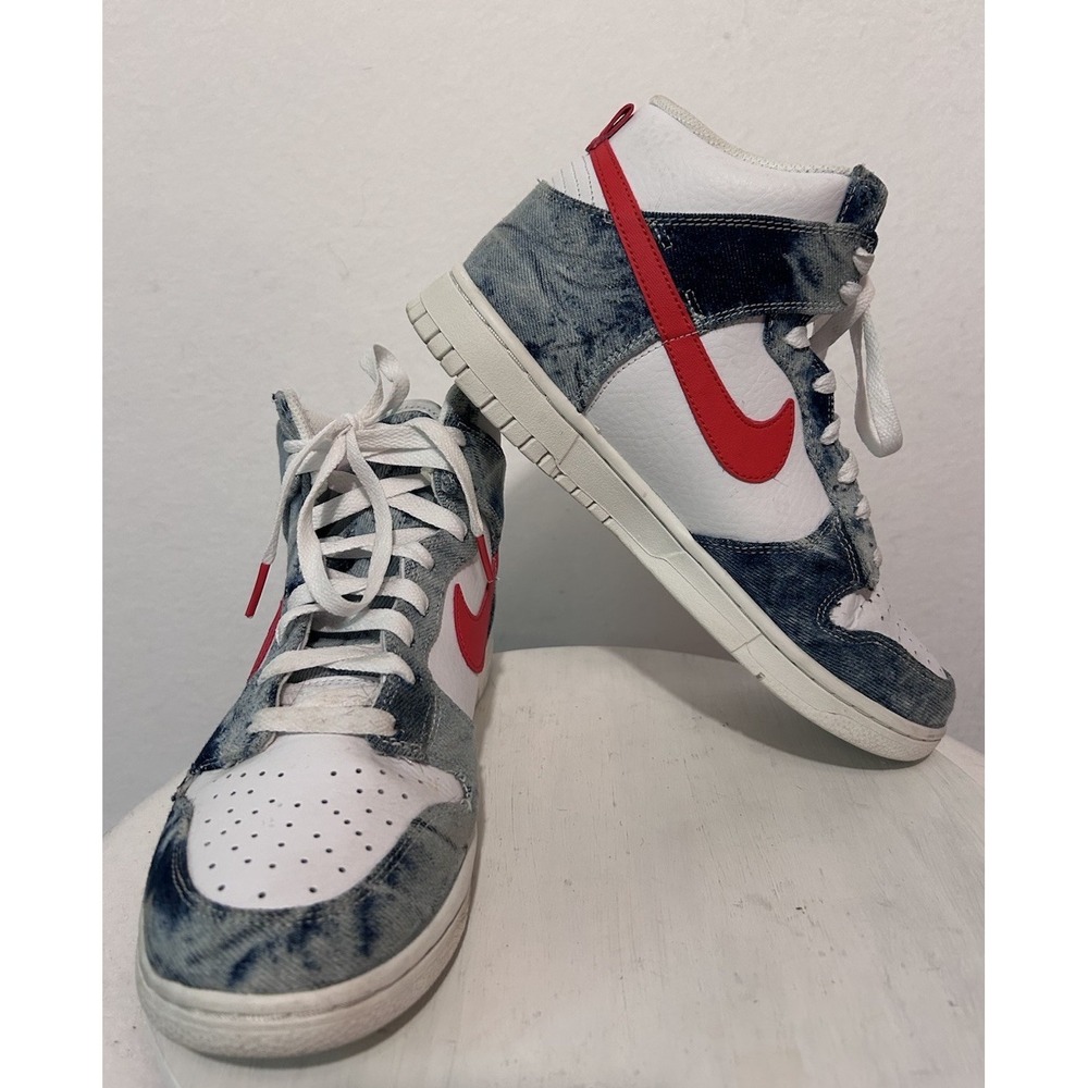 Nike Dunk White Red and High Washed Denim Womens SZ 9 ( DV2181-900) Sneakers EUC